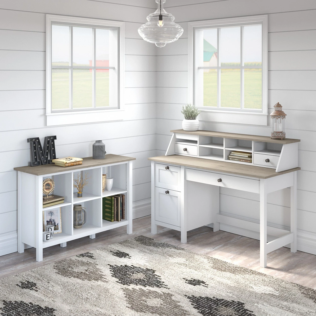 Bush Furniture Mayfield 54W Computer Desk Package With Cube Bookcase Shiplap Gray - MAY004GW2