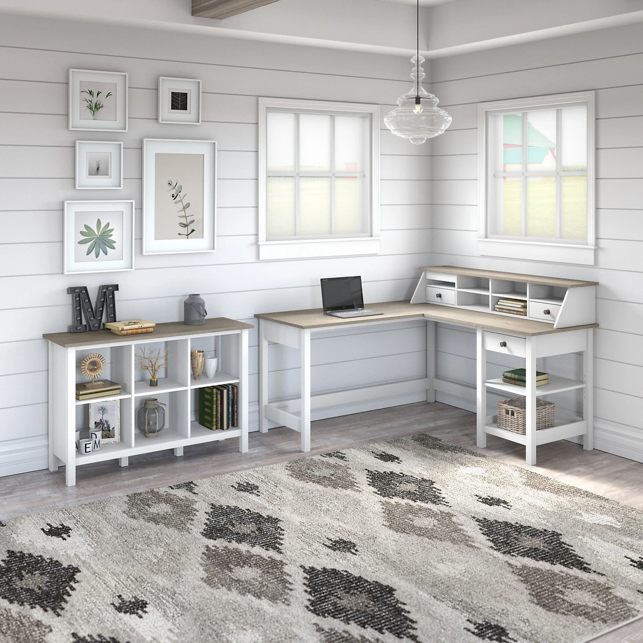 Bush Furniture Mayfield 60W L Shaped Desk And Cube Bookcase Package Shiplap Gray - MAY013GW2