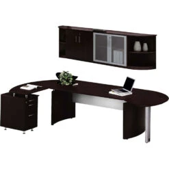 Mayline Medina Executive 72" Desk With Left Return, Right Desk Extension, Low-Wall Cabinet, Two Round Cabinet Shelves, Mocha- MNT9-LDC