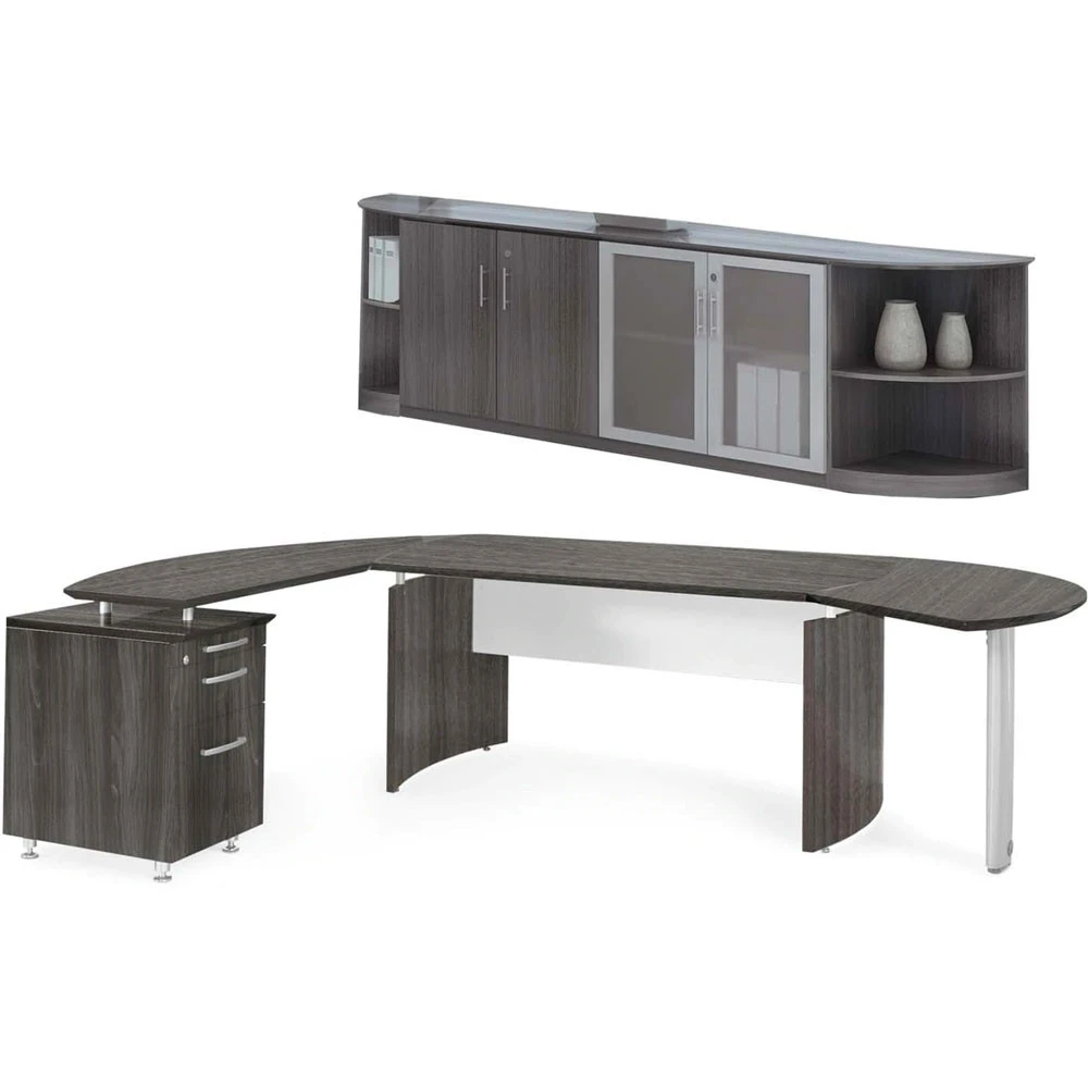 Mayline Medina Executive 72" Desk With Left Return, Right Desk Extension, Low-Wall Cabinet, Two Round Cabinet Shelves, Gray Steel - MNT9-LGS