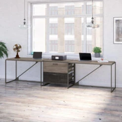 Bush Furniture Refinery 2 Person Industrial Desk Set With Lateral File Cabinet In Rustic Gray - RFY019RG