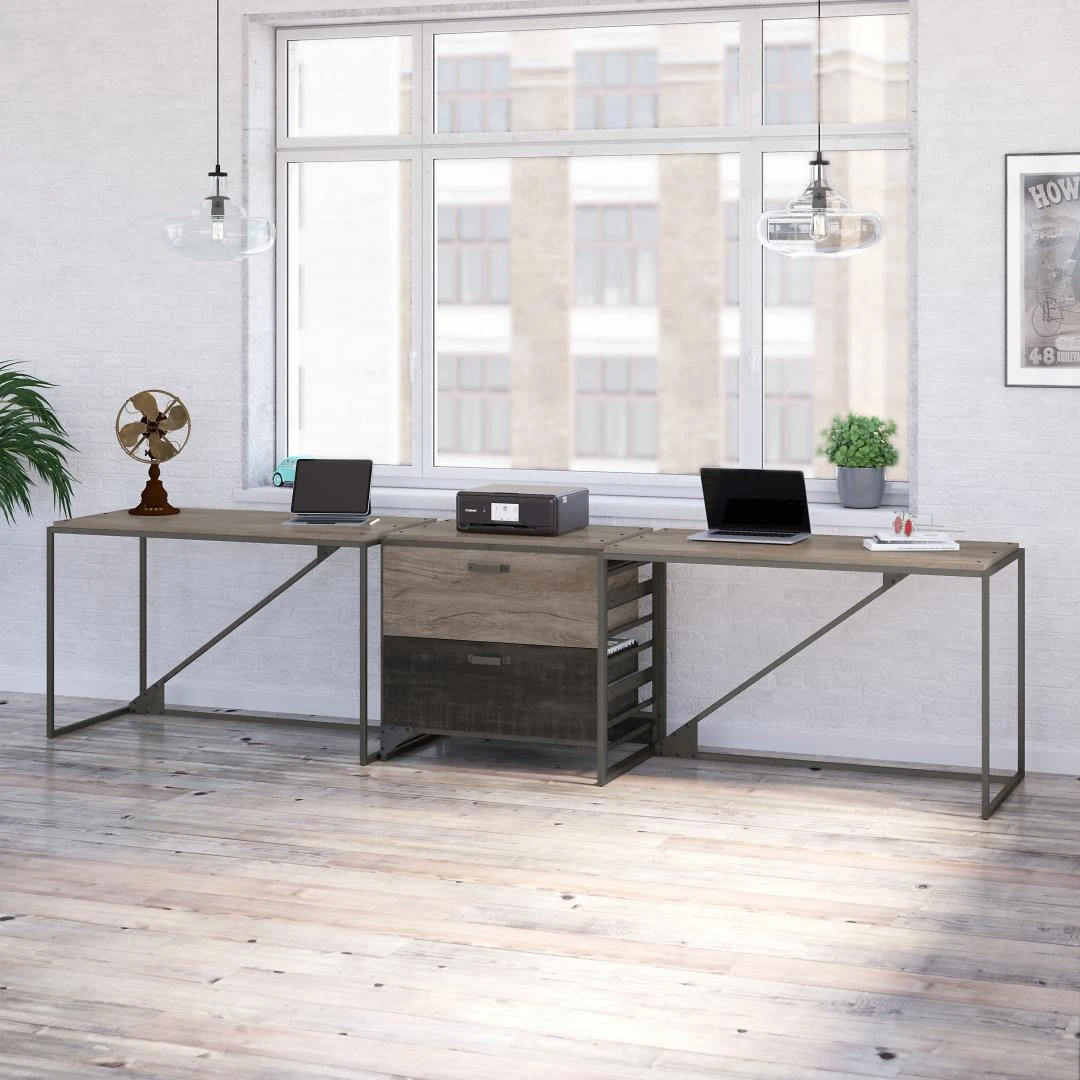 Bush Furniture Refinery 2 Person Industrial Desk Set With Lateral File Cabinet In Rustic Gray - RFY019RG