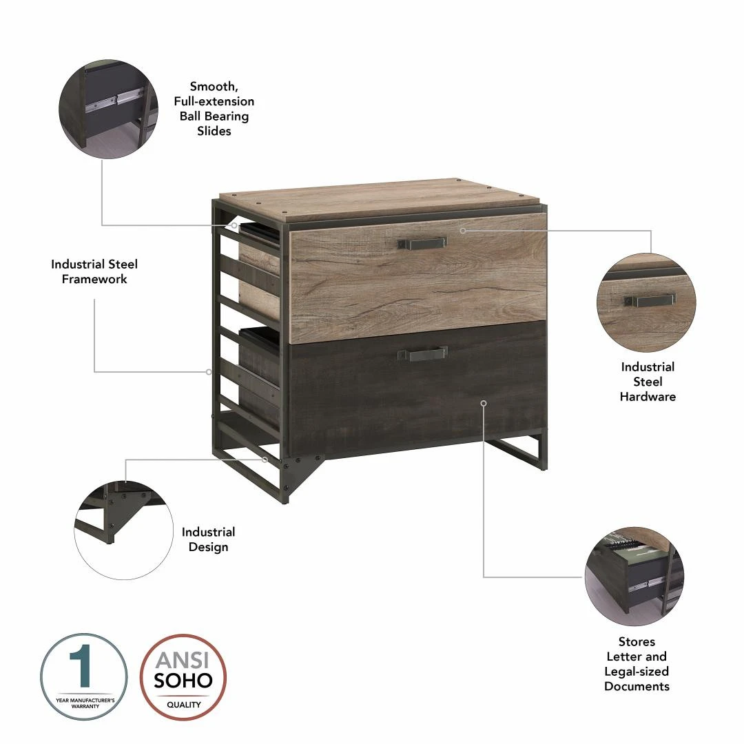 Bush Furniture Refinery 2 Person Industrial Desk Set With Lateral File Cabinet In Rustic Gray - RFY019RG - Image 5