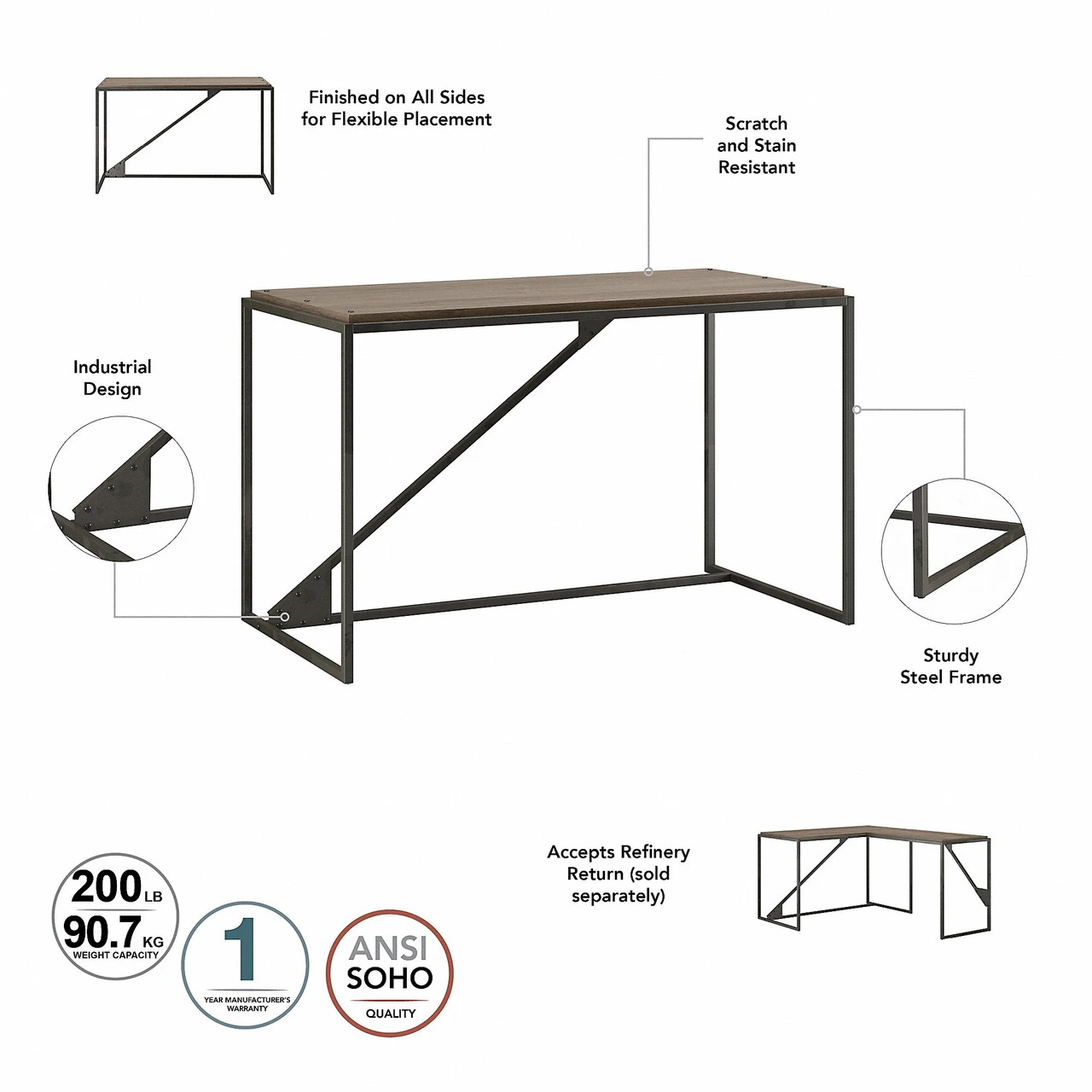 Bush Furniture Refinery 2 Person Industrial Desk Set With Lateral File Cabinet In Rustic Gray - RFY019RG - Image 3