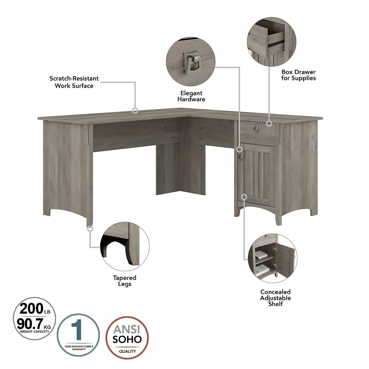 Bush Furniture Salinas Collection L-Shaped Desk With Storage Driftwood Gray - SAD160DG-03 - Image 3