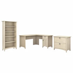 Bush Furniture Salinas 60W L Shaped Desk With Lateral File Cabinet And 5 Shelf Bookcase In Antique White - SAL003AW