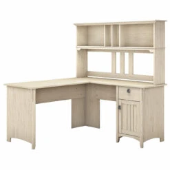 Bush Furniture Salinas 60W L Shaped Desk With Hutch In Antique White - SAL004AW