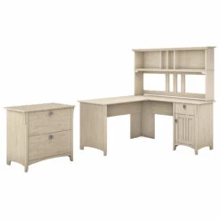 Bush Furniture Salinas 60W L Shaped Desk With Hutch And Lateral File Cabinet In Antique White - SAL005AW