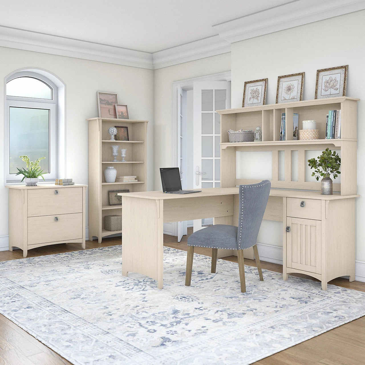 Bush Furniture Salinas 60W L Shaped Desk With Hutch, Lateral File Cabinet And 5 Shelf Bookcase In Antique White - SAL007AW - Image 3