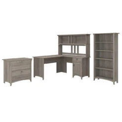 Bush Furniture Salinas 60" L-Shaped Desk With Hutch, Lateral File And Bookcase Driftwood Gray - SAL007DG