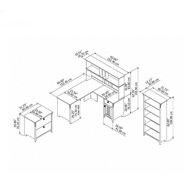 Bush Furniture Salinas 60W L Shaped Desk With Hutch, Lateral File Cabinet And 5 Shelf Bookcase In Antique White - SAL007AW - Image 2