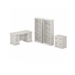 Bush Saratoga Collection Executive Desk With File Cabinet And Bookcase Set Linen White Oak - SAR001LW