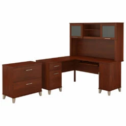 Bush Furniture Somerset 60W L Shaped Desk W Hutch W Lateral File Cabinet Hansen Cherry - SET008HC