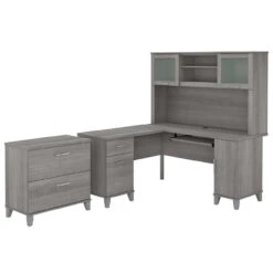 Bush Furniture Somerset 60W L Shaped Desk W Hutch W Lateral File Cabinet Platinum Gray - SET008PG
