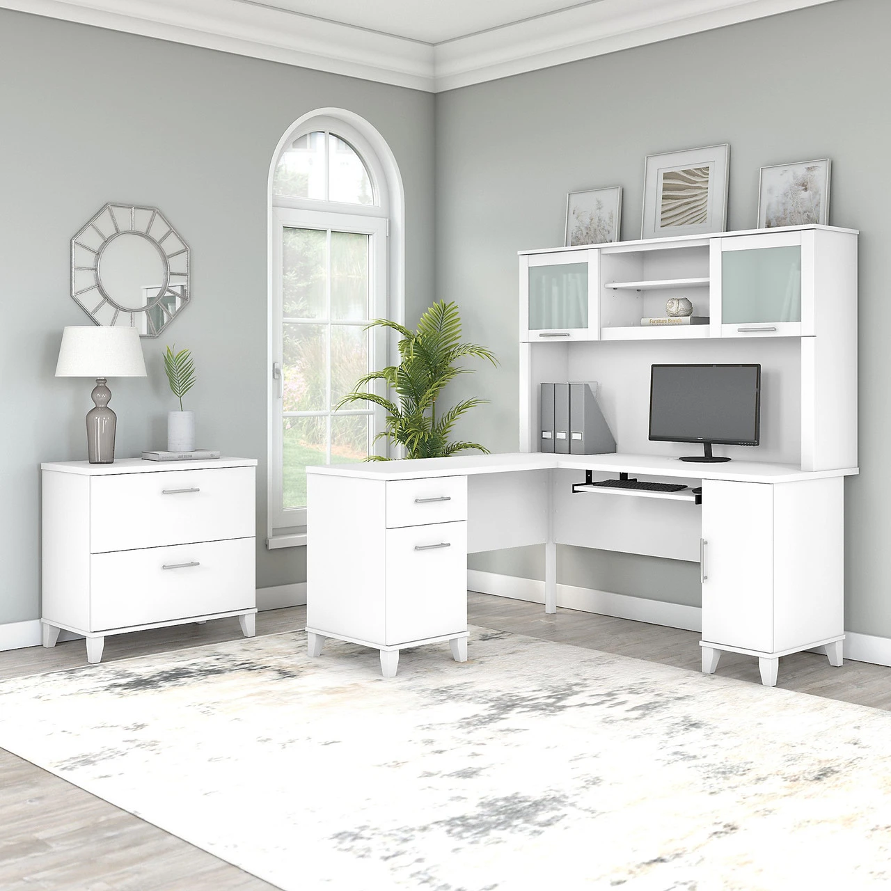 Bush Furniture Somerset 60W L Shaped Desk W Hutch W Lateral File Cabinet White - SET008WH