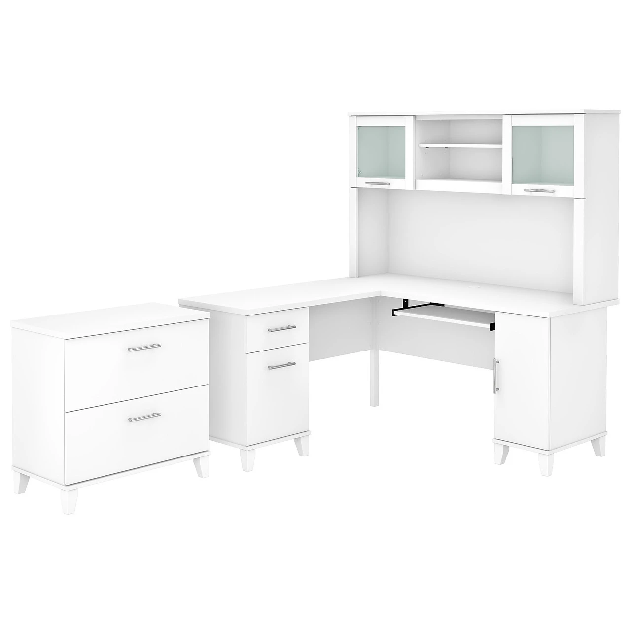 Bush Furniture Somerset 60W L Shaped Desk W Hutch W Lateral File Cabinet White - SET008WH - Image 2