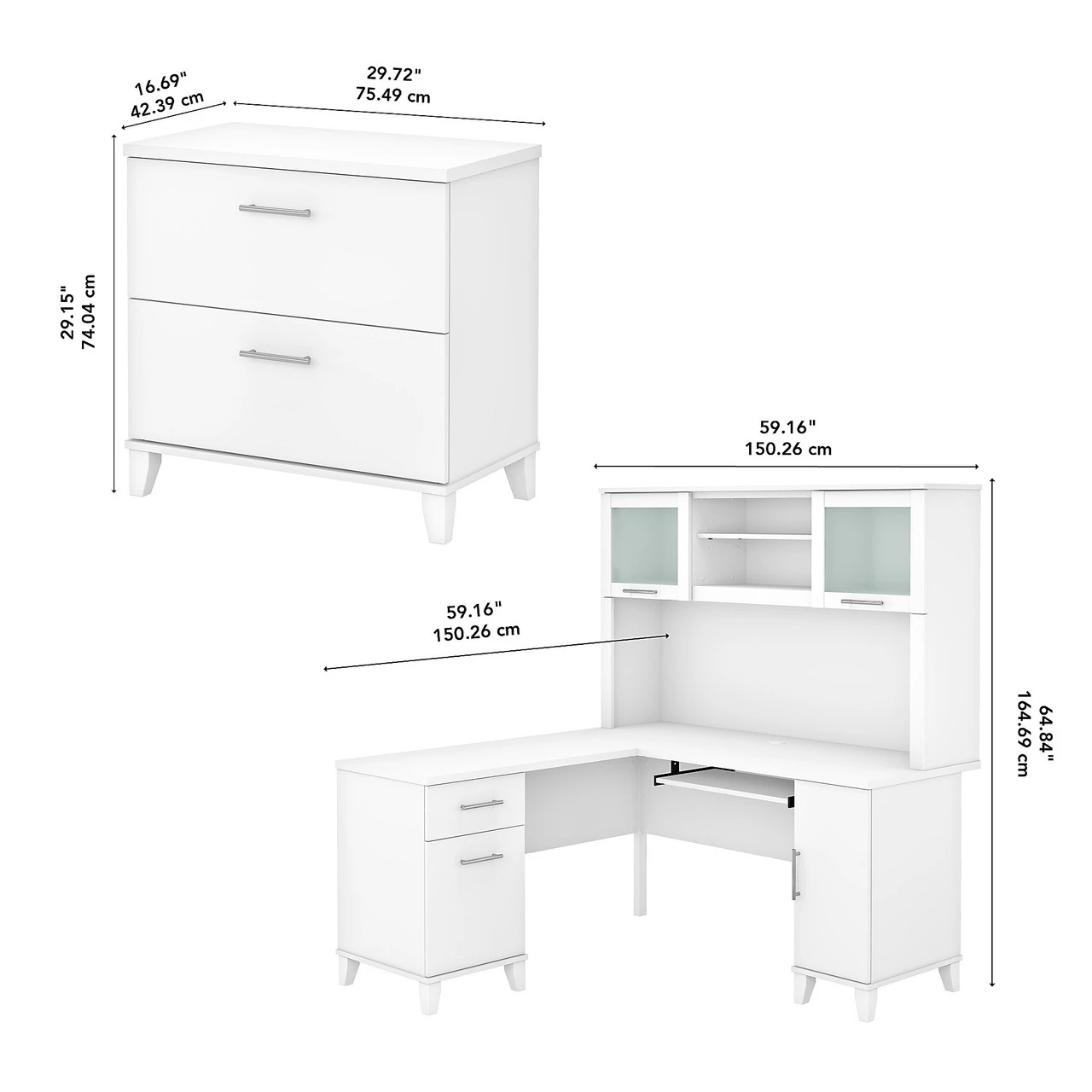 Bush Furniture Somerset 60W L Shaped Desk W Hutch W Lateral File Cabinet White - SET008WH - Image 4