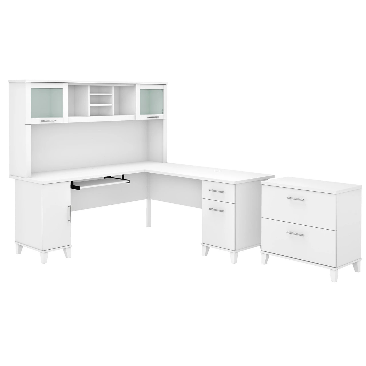Bush Furniture Somerset 72W L Shaped Desk W Hutch And Lateral File Cabinet White - SET009WH