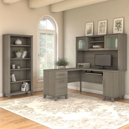 Bush Furniture Somerset 60"W L Shaped Desk With Hutch And Bookcase Ash Gray - SET010AG