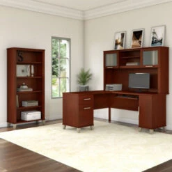Bush Furniture Somerset 60"W L Shaped Desk With Hutch And Bookcase Hansen Cherry - SET010HC