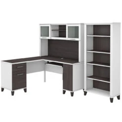 Bush Furniture Somerset 60W L Shaped Desk With Hutch And 5 Shelf Bookcase In White And Storm Gray - SET010SGWH