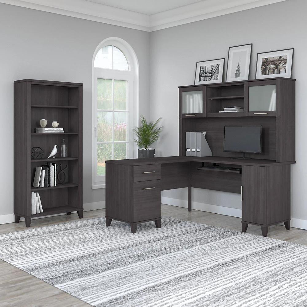 Bush Furniture Somerset 60"W L Shaped Desk With Hutch And Bookcase Storm Gray - SET010SG
