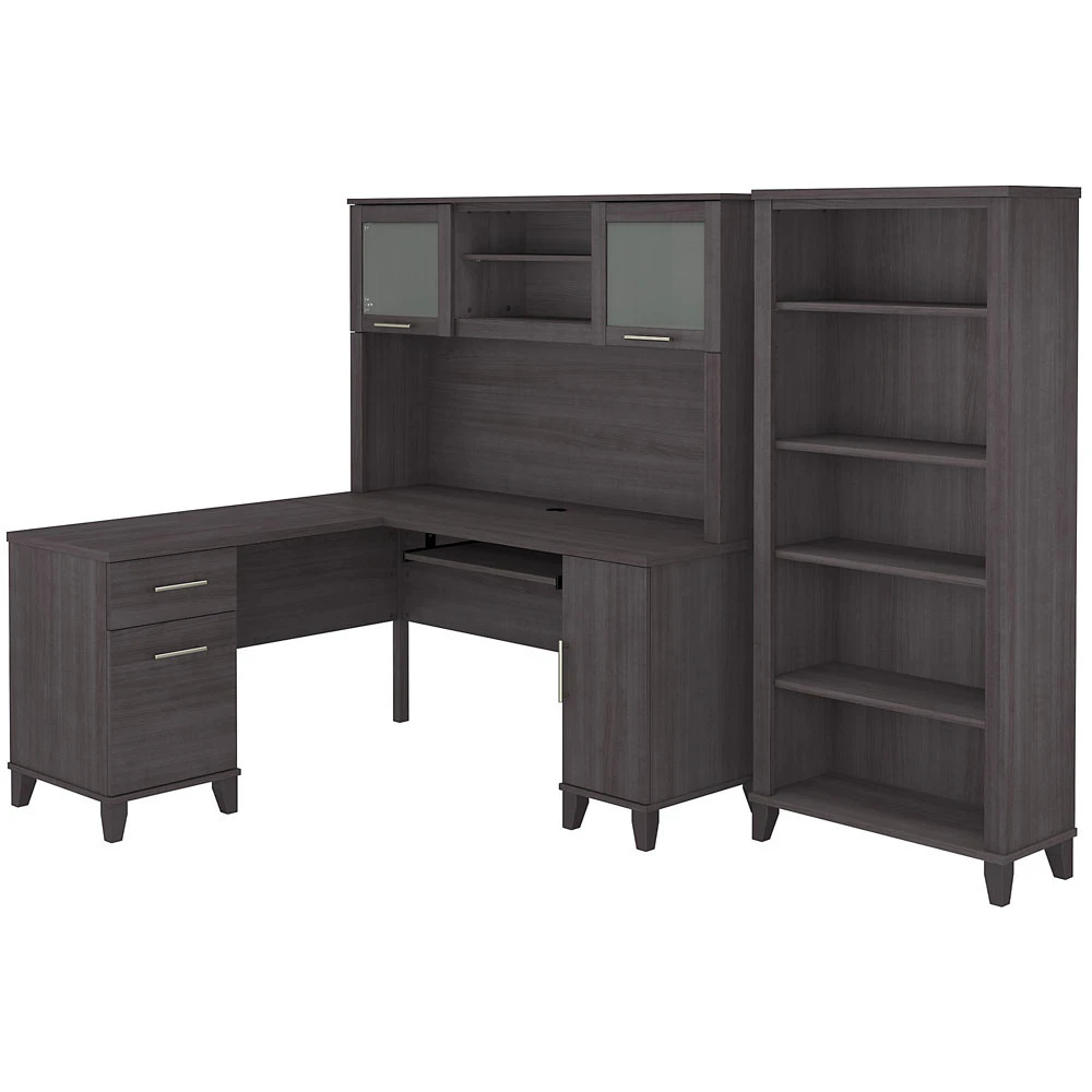 Bush Furniture Somerset 60"W L Shaped Desk With Hutch And Bookcase Storm Gray - SET010SG - Image 2