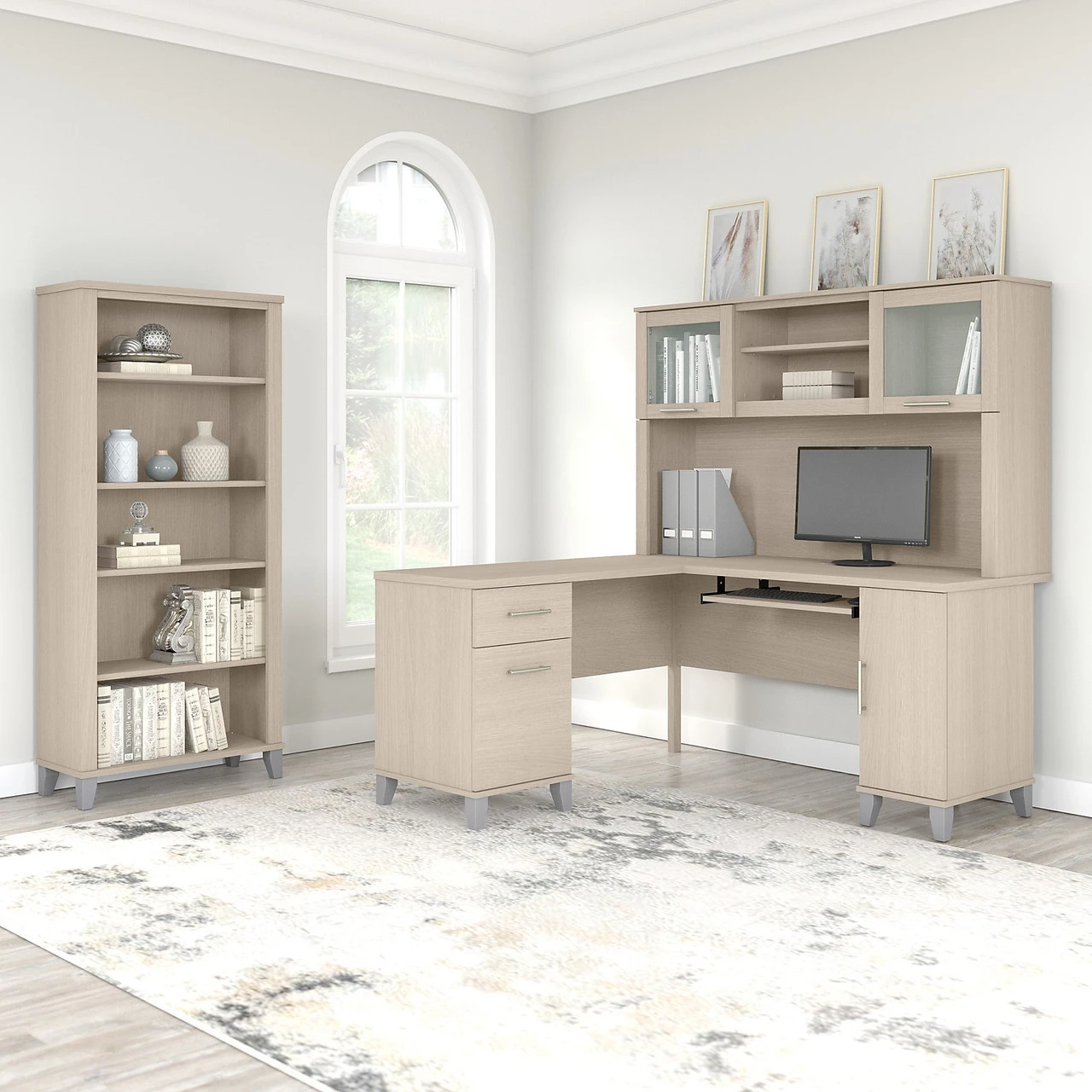 Bush Furniture Somerset 60W L Shaped Desk With Hutch And 5 Shelf Bookcase In Sand Oak - SET010SO