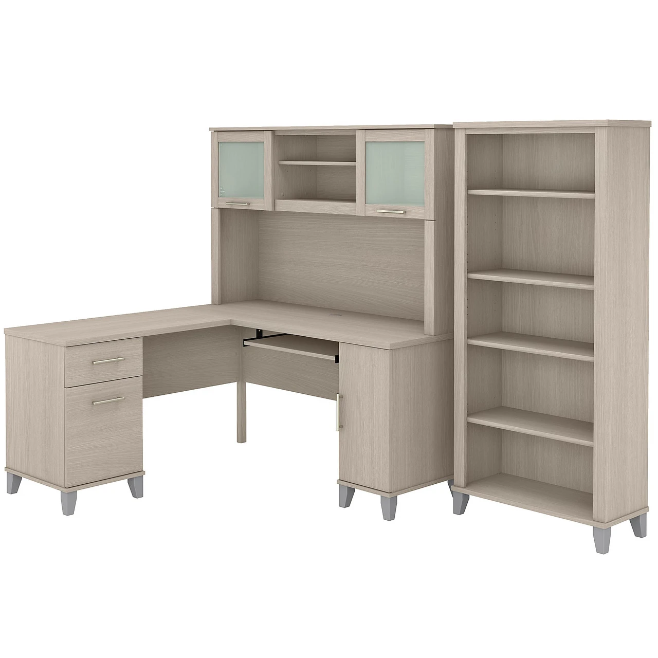 Bush Furniture Somerset 60W L Shaped Desk With Hutch And 5 Shelf Bookcase In Sand Oak - SET010SO - Image 2