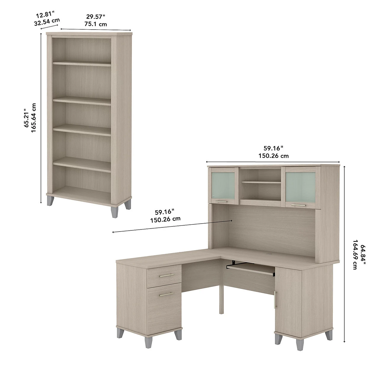 Bush Furniture Somerset 60W L Shaped Desk With Hutch And 5 Shelf Bookcase In Sand Oak - SET010SO - Image 6