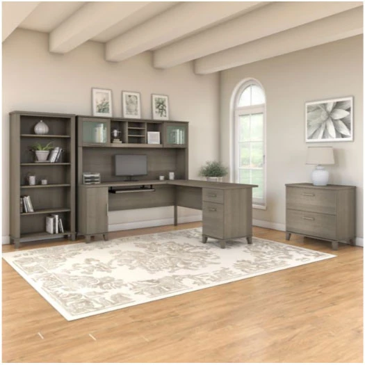 Bush Furniture Somerset 72"W L Shaped Desk With Hutch, Lateral File And Bookcase Ash Gray - SET012AG