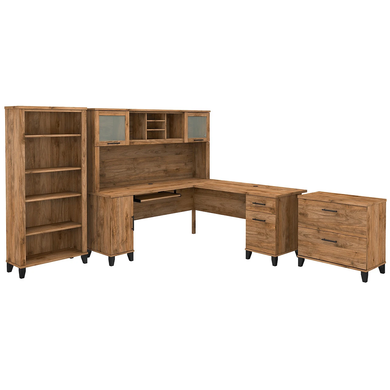 Bush Furniture Somerset 72W L Shaped Desk With Hutch, Lateral File Cabinet And Bookcase Fresh Walnut - SET012FW
