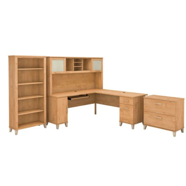 Bush Furniture Somerset 72"W L Shaped Desk With Hutch, Lateral File And Bookcase Maple Cross - SET012MC - Image 3