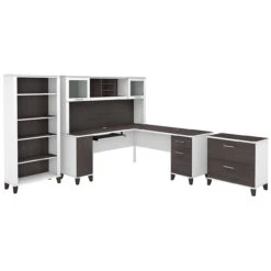 Bush Furniture Somerset 72W L Shaped Desk With Hutch, Lateral File Cabinet And Bookcase In White And Storm Gray - SET012SGWH