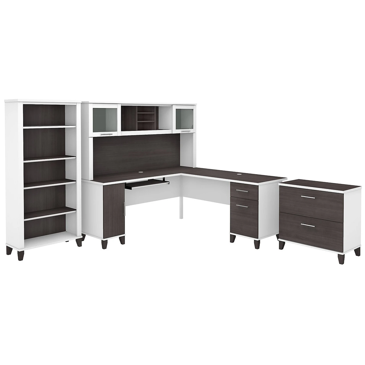 Bush Furniture Somerset 72W L Shaped Desk With Hutch, Lateral File Cabinet And Bookcase In White And Storm Gray - SET012SGWH