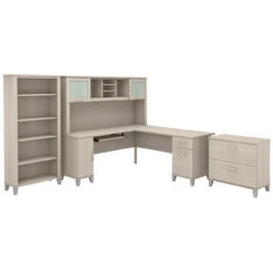 Bush Furniture Somerset 72W L Shaped Desk With Hutch, Lateral File Cabinet And Bookcase In Sand Oak - SET012SO