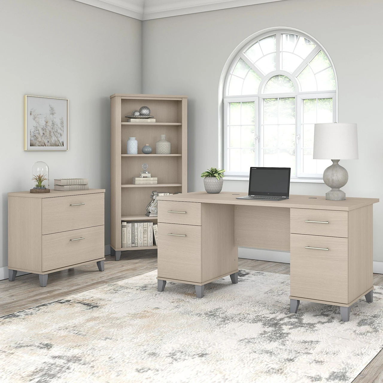 Bush Furniture Somerset 60W Office Desk With Lateral File Cabinet And 5 Shelf Bookcase In Sand Oak - SET013SO - Image 2