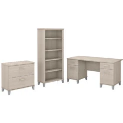 Bush Furniture Somerset 60W Office Desk With Lateral File Cabinet And 5 Shelf Bookcase In Sand Oak - SET013SO