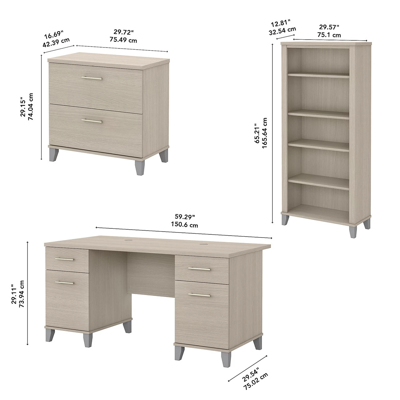 Bush Furniture Somerset 60W Office Desk With Lateral File Cabinet And 5 Shelf Bookcase In Sand Oak - SET013SO - Image 6