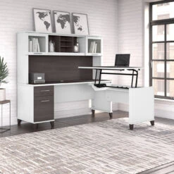 Bush Furniture Somerset 72W 3 Position Sit To Stand L Shaped Desk With Hutch In White And Storm Gray - SET015SGWH