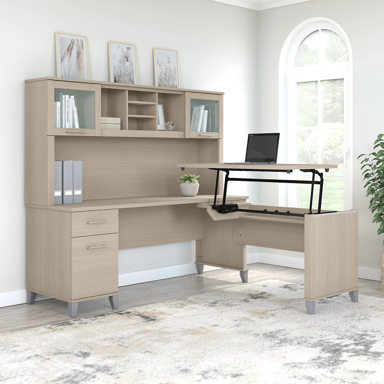 Bush Furniture Somerset 72W 3 Position Sit To Stand L Shaped Desk With Hutch In Sand Oak - SET015SO
