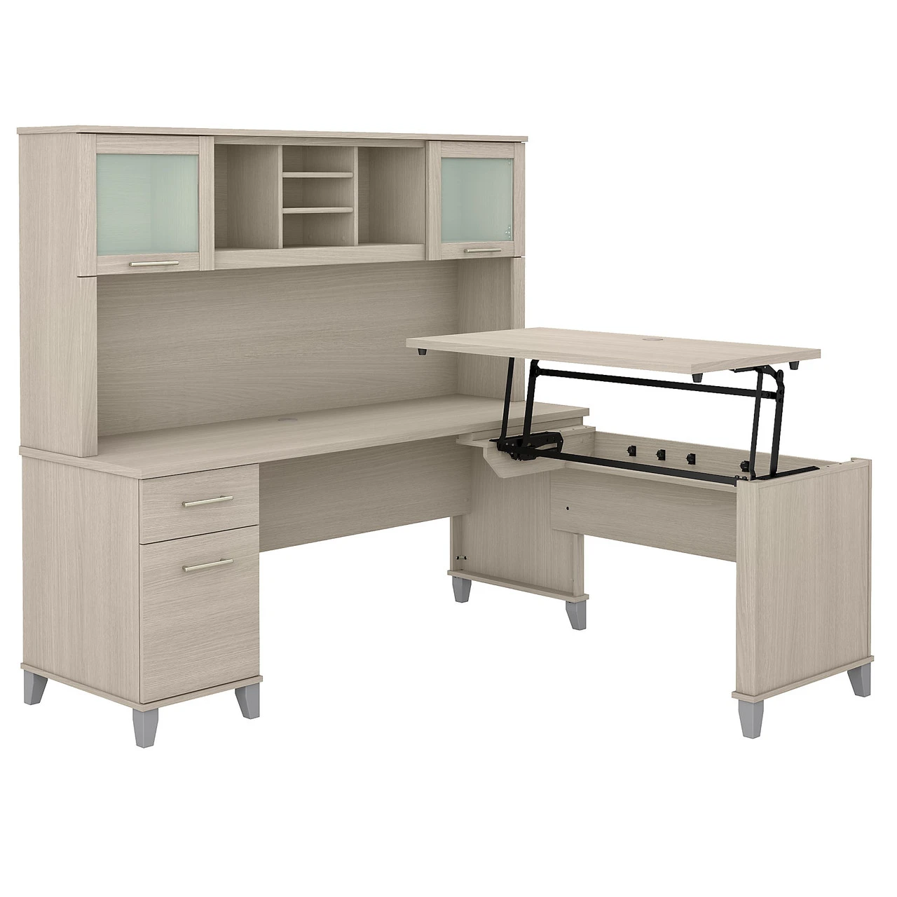 Bush Furniture Somerset 72W 3 Position Sit To Stand L Shaped Desk With Hutch In Sand Oak - SET015SO - Image 2