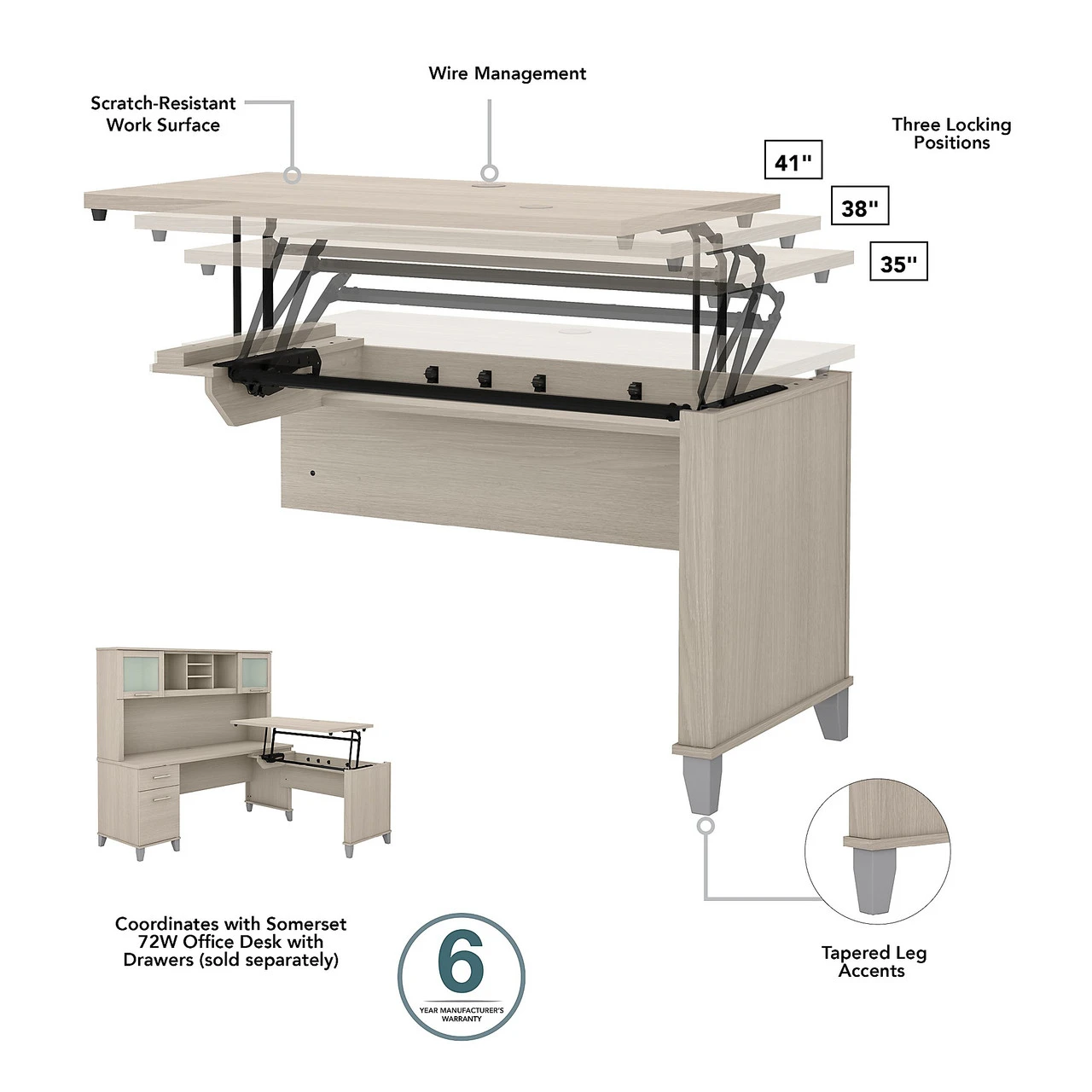 Bush Furniture Somerset 72W 3 Position Sit To Stand L Shaped Desk With Hutch In Sand Oak - SET015SO - Image 4