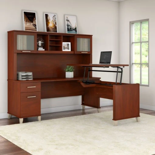 Bush Furniture Somerset 72"W Sit-to-Stand 3-Position L-Shaped Desk With Hutch Hansen Cherry - SET015HC