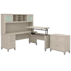 Bush Furniture Somerset 72W 3 Position Sit To Stand L Shaped Desk With Hutch And File Cabinet In Sand Oak - SET016SO