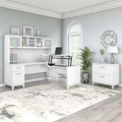 Bush Furniture Somerset 72"W Sit-to-Stand 3-Position L-Shaped Desk With Lateral File And Hutch White - SET016WH