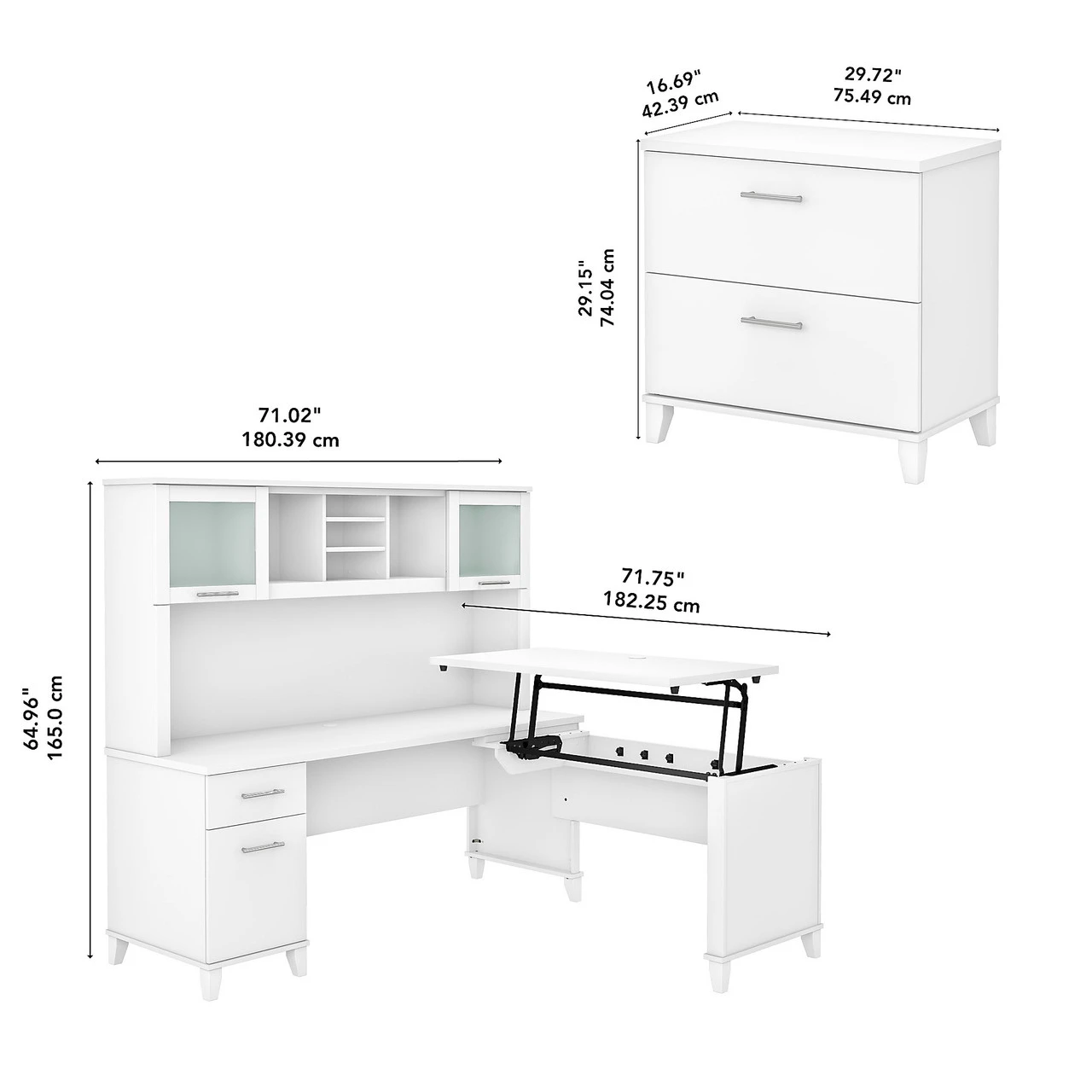 Bush Furniture Somerset 72"W Sit-to-Stand 3-Position L-Shaped Desk With Lateral File And Hutch White - SET016WH - Image 2