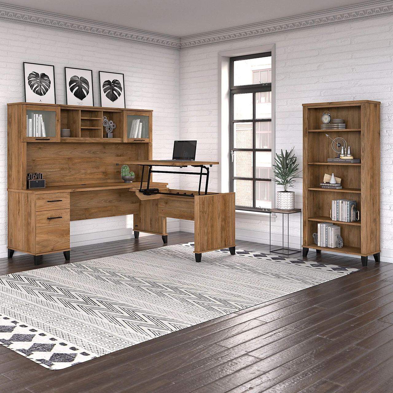 Bush Furniture Somerset 72W 3 Position Sit To Stand L Shaped Desk With Hutch And Bookcase Fresh Walnut - SET017FW - Image 2