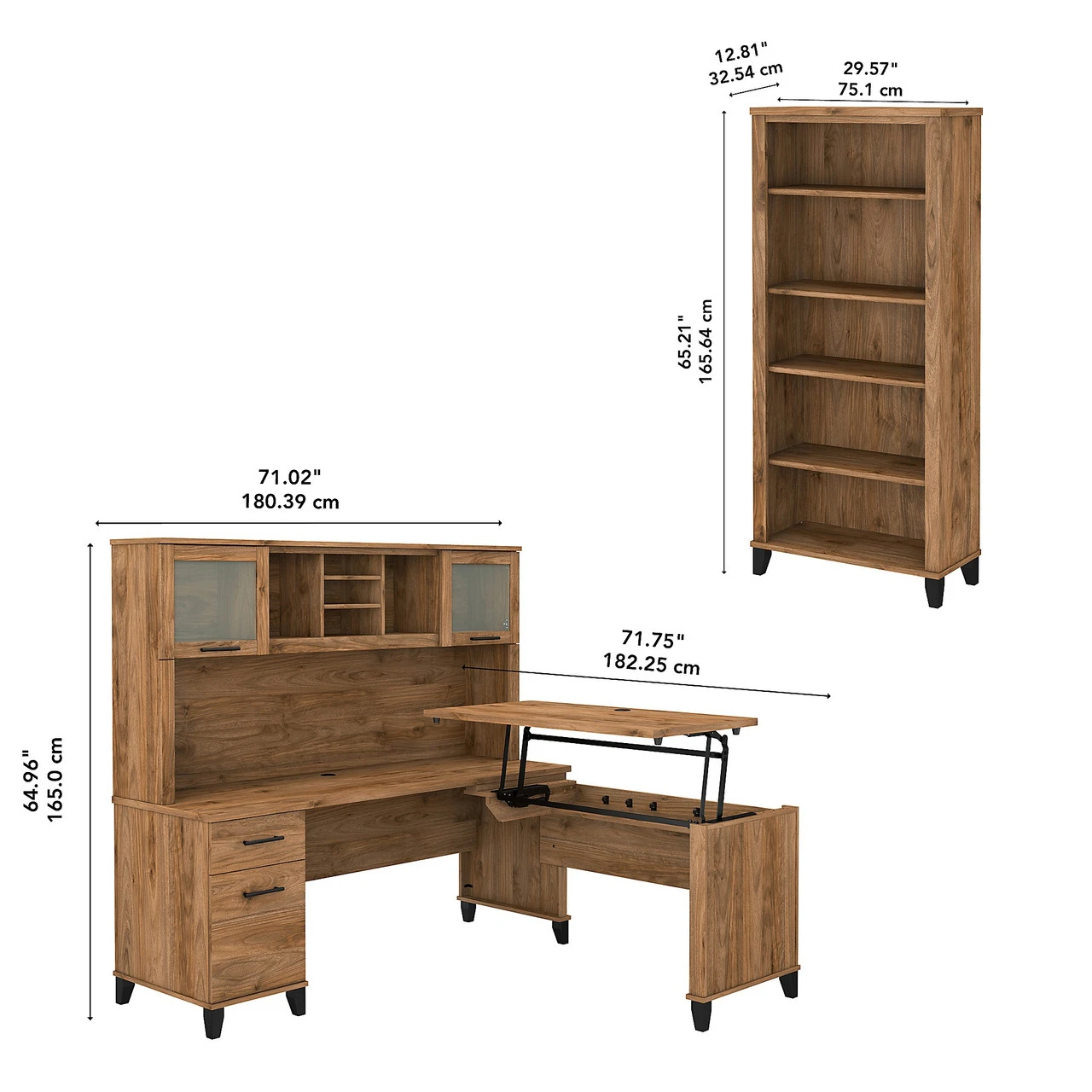 Bush Furniture Somerset 72W 3 Position Sit To Stand L Shaped Desk With Hutch And Bookcase Fresh Walnut - SET017FW - Image 6