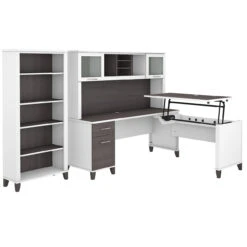 Bush Furniture Somerset 72W 3 Position Sit To Stand L Shaped Desk With Hutch And Bookcase In White And Storm Gray - SET017SGWH